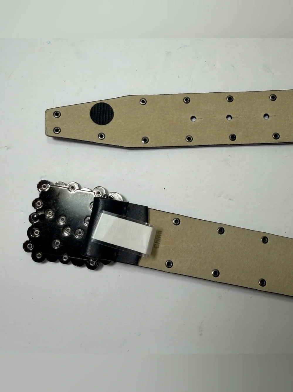 Vintage Calvin Klein Black Leather Belt Women L Studded Mosaic Statement Buckle